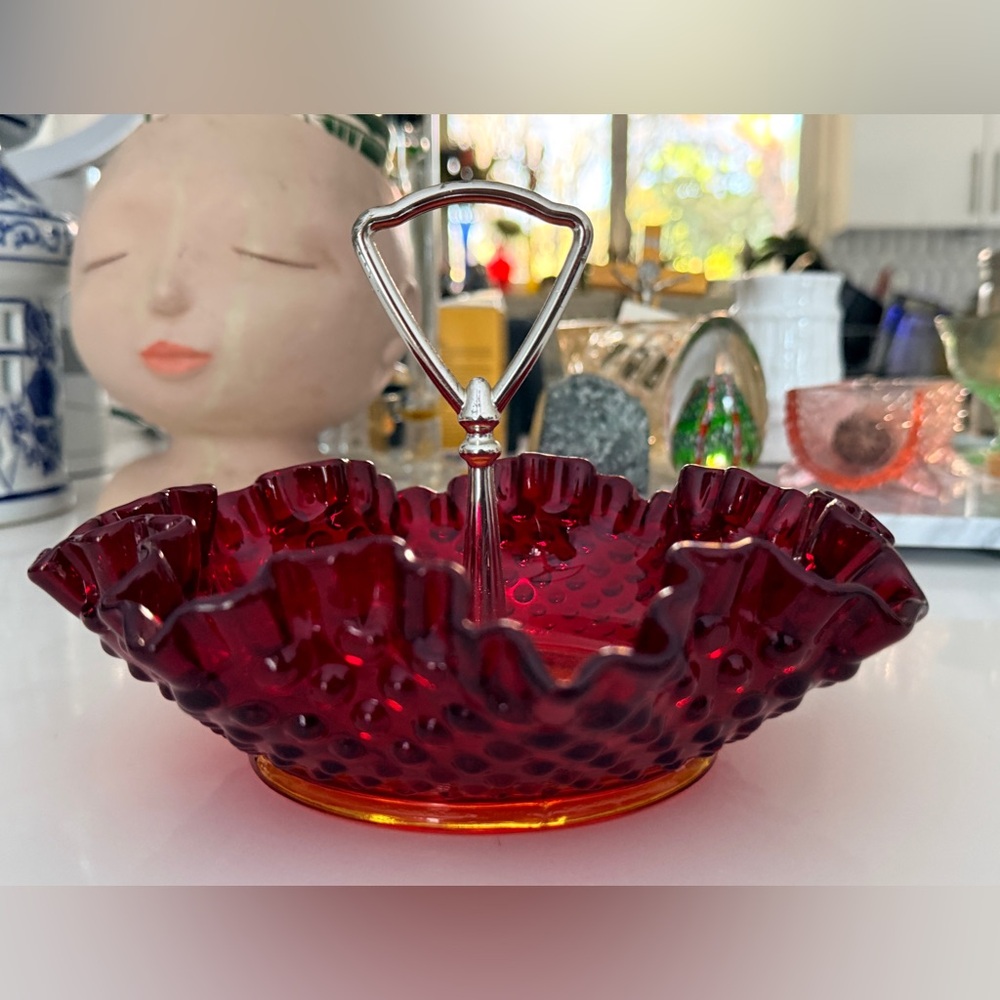 Vintage Fenton Ruby Red Hobnail Candy Dish‎ With Metal Handle
